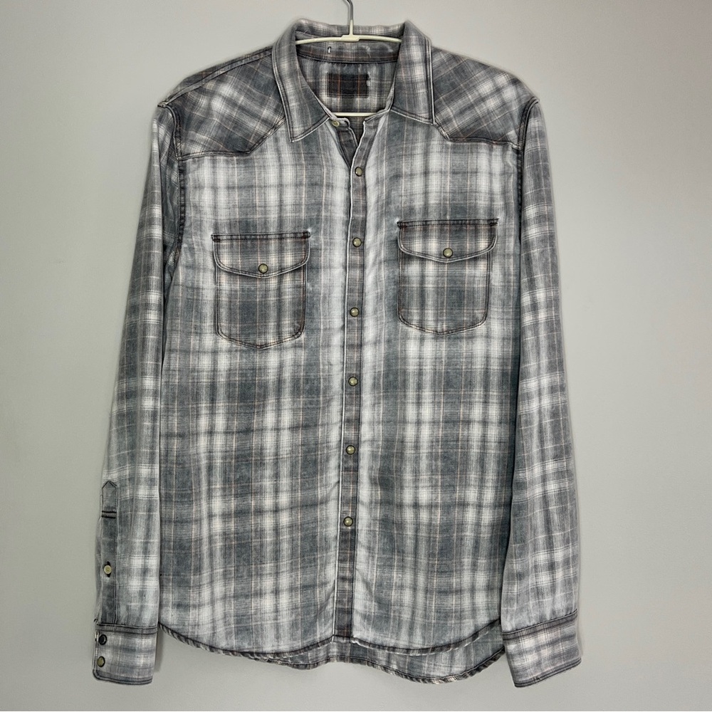 Lucky Brand Plaid Western Snap Button Flannel Shirt –Gray, Men’s L